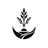 Abstract monochrome representing a growing plant emerging from a stylized landscape under a rising sun or moon, symbolizing growth and nature. vector