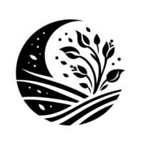 A stylized black and white illustration within a circle. A crescent moon, speckled with dots, hovers over rolling farm fields, and a growing floral element. vector