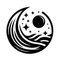 A stylized, symmetrical emblem depicting the night sky over a stylized ocean with the moon and stars arranged within a circle. vector