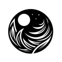 A minimalist black and white circular featuring a moon, stars, and stylized featherlike forms, evoking a sense of calm. vector