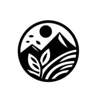 A minimalist, circular emblem showcasing a serene landscape featuring mountains, sun, rolling fields, and stylized flora, all rendered in bold black and white. vector