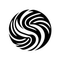 A symmetrical, swirling pattern of black and white, with curved stripes forming an abstract spherical shape on a stark white background. vector