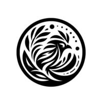 A stylized black and white circular emblem depicting a hawks head with intricate floral and featherlike elements, embodying strength and grace. vector
