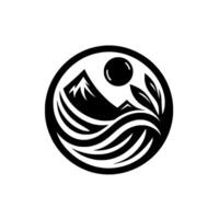 Circular black and white minimalist emblem depicting mountains, sun, and flowing water within a serene, natureinspired composition, enclosed in a border. vector