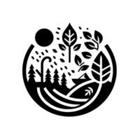 A minimalist, stylized black and white circular illustration showcasing a scenic landscape with trees, leaves, a sun, and rain droplets, all within a naturethemed . vector