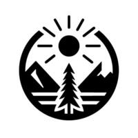 A stylized, circular emblem showcasing a black silhouette of a mountain landscape with a central evergreen tree, sun, and radiating rays, emphasizing nature. vector