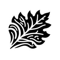 A striking monochrome illustration featuring a stylized oak leaf with bold black outlines, intricate white vein details, and a clean, minimalist against a white background. vector