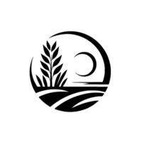Symbolic monochrome minimalist showcasing a stylized wheat plant, crescent moon, and farmland landscape within a circular frame, conveying natures harmony. vector