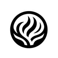 A minimalist black and white , a stylized flamelike motif encased within a circular border, set against a stark white backdrop. vector