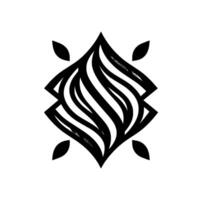 Geometric Black and White Mandala Featuring Intertwined, Striped Elements Surrounded by Leaflike Accents on a White Background. vector