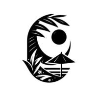 A minimalist black and white beach scene, enclosed within an oval, depicting a palm tree, sun, umbrella, and small blossoms. vector