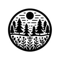 A stylized, black and white circular landscape , featuring silhouette trees, a sun, horizon lines, and floral elements at the bottom, set against a plain white background. vector