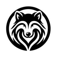 A minimalist black and white raccoon head , showcasing stylized fur and a playful, concentric heart shape within a circular frame, symbolizing friendly charm and simplicity. vector