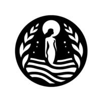 Silhouette of a serene mermaid emerging from the waves, framed within a circular , bathed in the glow of a full moon and flanked by laurel branches, evoking tranquility. vector