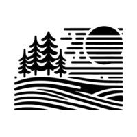 Monochromatic Landscape Forest Silhouettes Under a Striped Sun in a Simple, Modern Illustration Style. vector