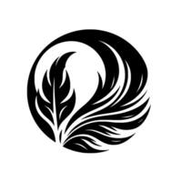 Elegant black and white circular emblem featuring stylized featherlike elements and leaf structures, a minimalist for a refined or decorative illustration. vector