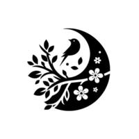 A stylized black silhouette depicts a bird perched on a branch encircled by a crescent moon, adorned with leaves and cherry blossoms, on a white background. vector