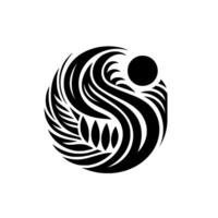 Abstract Black and White Circular with Wavy and Leaflike Forms, and Solid Sphere. vector