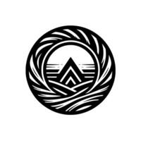A minimalist, black and white circular emblem featuring a stylized mountain range and ocean waves within a laurel wreathlike frame, suggesting natural harmony. vector