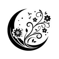 Serene Black and White Floral Composition A symmetrical crescent moon embracing delicate flowers, leaves, and swirling vines with graceful dots, creating a harmonious decorative . vector