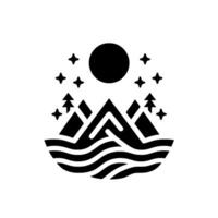 Silhouette of a mountain scene with a moon, stars, trees, and water waves, conveying a sense of peace and nature. vector
