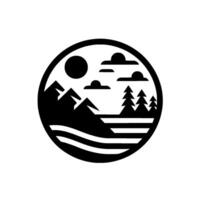 Monochromatic circular emblem, showcasing a stylized mountain landscape, sun, clouds, trees, and water, representing the natural world and outdoor themes. vector