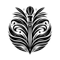 Ornate Black White A Stylized Torch Centerpiece within a Circular Floral Swirl on a White Background. vector