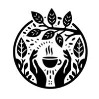 Symbolic illustration depicting a steaming teacup held by hands amidst foliage and leaves, all enclosed within a circular frame, creating a serene and natureinspired . vector