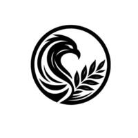 A stylized black and white emblem featuring an eagle head and olive branch within a circular frame, symbolizing strength and peace. vector