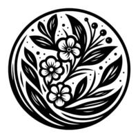 Black and white circular floral featuring three stylized flowers, leaves, berries, and swirling patterns on a white background, creating a decorative emblem. vector