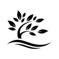 Minimalist black silhouette of a stylized tree with leaves, flowing base element, on a bright white background. vector