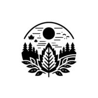 A stylized black and white circular emblem of nature, featuring a central large leaf surrounded by trees, maple leaves, and a sun with stylized lines, creating a serene and minimalist landscape. vector
