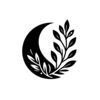 A stylized blackandwhite emblem featuring a crescent moon intertwined with delicate leafy sprigs, creating a minimalist yet elegant on a white backdrop. vector