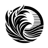 Elegant Black and White Circular Stylized Wave and Plant Elements Within a Circle, Abstract and Modern vector