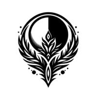 Abstract Black and White Symbolic A symmetrical composition featuring a stylized phoenixlike bird encompassing a moon phase, accented by dots. vector