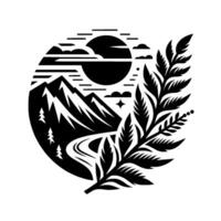 A striking black and white circular of a mountain landscape, river, sun and botanical elements, evoking a sense of nature and tranquility. vector