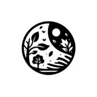 YinYang emblem blending day and night, featuring stylized trees, leaves, a moon, and floral elements symbolizing balance in nature, with a minimalist black and white . vector