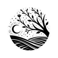 A monochrome landscape silhouette with a crescent moon, stylized tree and field within a circular frame, creating a peaceful scene. vector