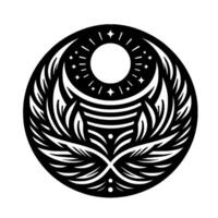 Abstract Celestial Emblem A symmetrical black and white featuring a sun, stars, feathers, and crescent shapes within a circular frame, symbolizing balance. vector