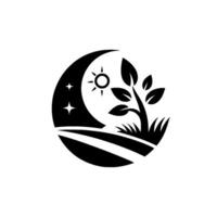 Stylized black and white featuring a crescent moon, sun, stars, and a sprouting tree within a circular landscape. vector