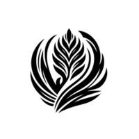 A stylized, symmetrical black and white emblem depicts a central plantlike form composed of stylized leaves, framed by flowing, curved elements. vector
