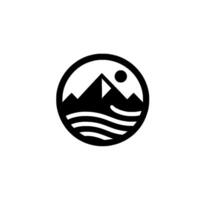 Minimalist Black and White Circular Emblem Depicting Mountains, Sun, and Water, a Symbol of Natures Harmony. vector