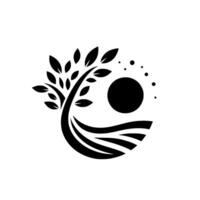 A stylized black and white featuring a tree with leaves, a sunmoon, and curved lines forming a landscape, evoking growth and harmony. vector