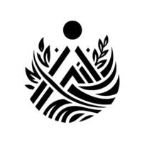 Geometric emblem of stylized mountains and flowing water, adorned with foliage and a central sun symbol, rendered in bold black and white. vector