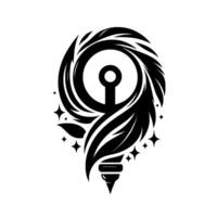 Abstract Black White Illustration A stylized quill with an anchor, surrounded by swirling elements, and starlike embellishments, set against a clean white background. vector