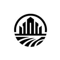Modern, minimalist black and white featuring a building silhouette inside a circle above a stylized agricultural field. vector