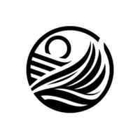 Abstract Monochrome Circular Composition Featuring Stylized Sun, Field Wave Elements Evoking Nature Serenity. vector