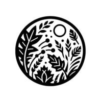 Black and white circular botanical featuring diverse leaves, berries, and a central sunlike element, embodying nature. vector