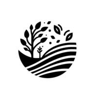 Circular, minimalist featuring stylized tree, field, and falling leaves in shades of black and white, evoking nature. vector