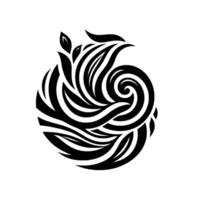 Abstract black and white featuring swirling lines and stylized leaf accents forming a dynamic circular composition against a white background. vector